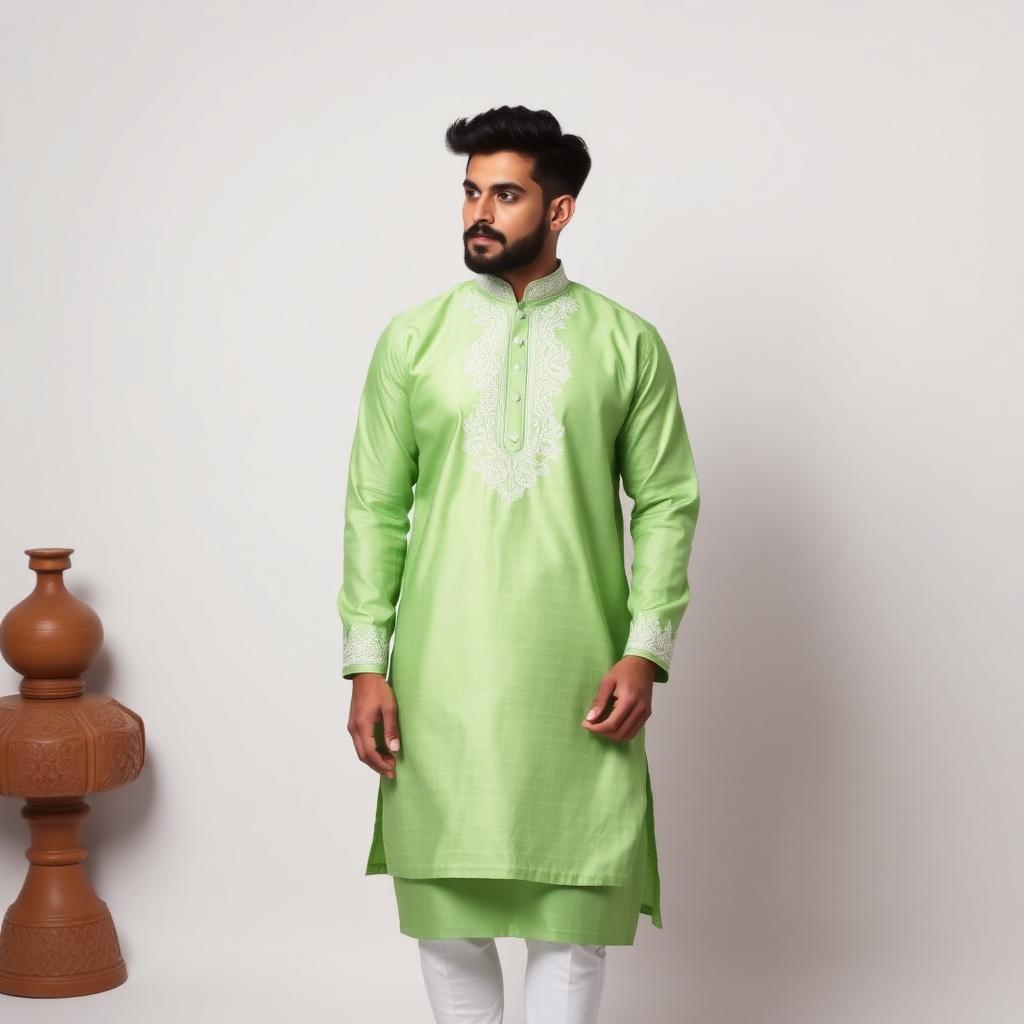 Festive Kurta — Soft Pista Green, Cotton Silk