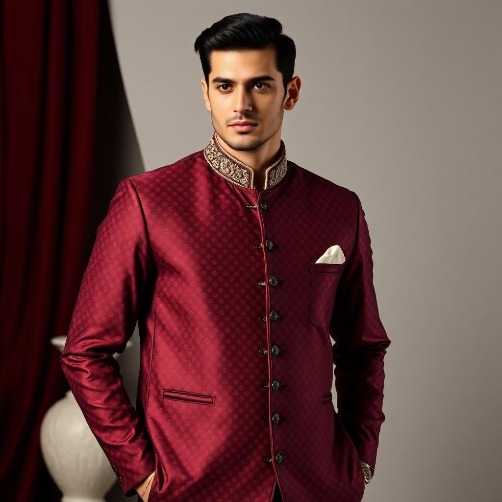 Nehru Jacket — Wine Maroon, Jacquard Silk