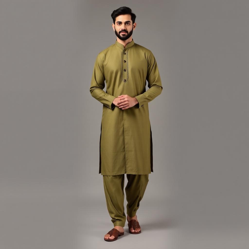 Pathani Suit — Olive Green, Cotton Linen